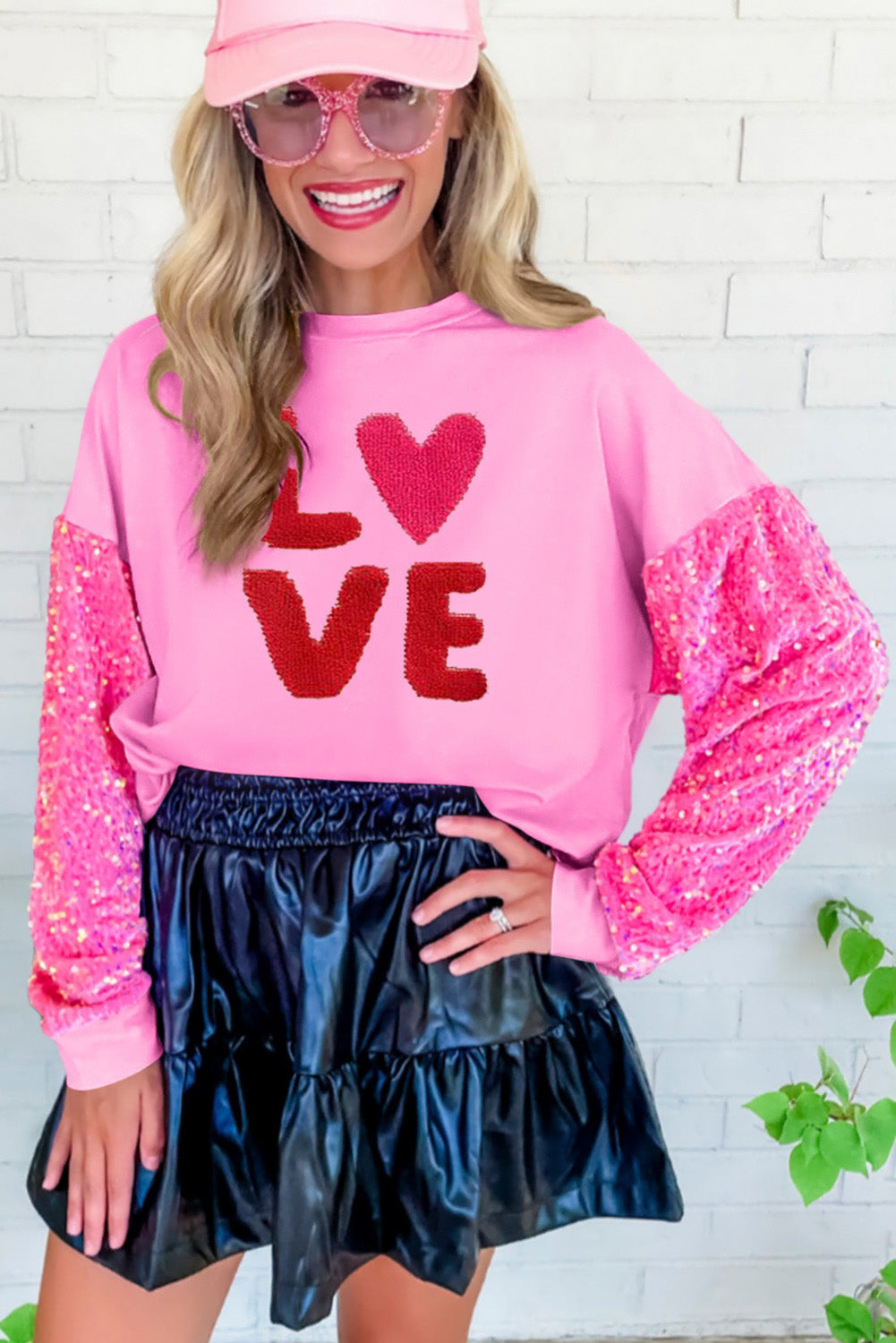 Pink Valentines LOVE Graphic Sequin Sleeve Top Graphic Sweatshirts JT's Designer Fashion