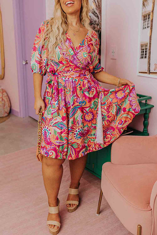 Multicolor Boho Paisley Floral Print Wrap V Neck Puff Sleeve Plus Size Dress Plus Size JT's Designer Fashion