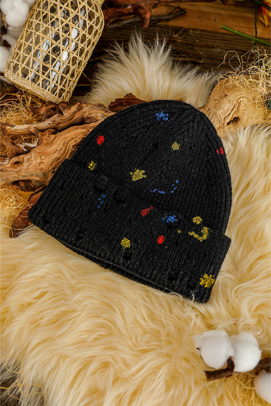 Black Splashed Detail Knitted Beanie Hats & Caps JT's Designer Fashion