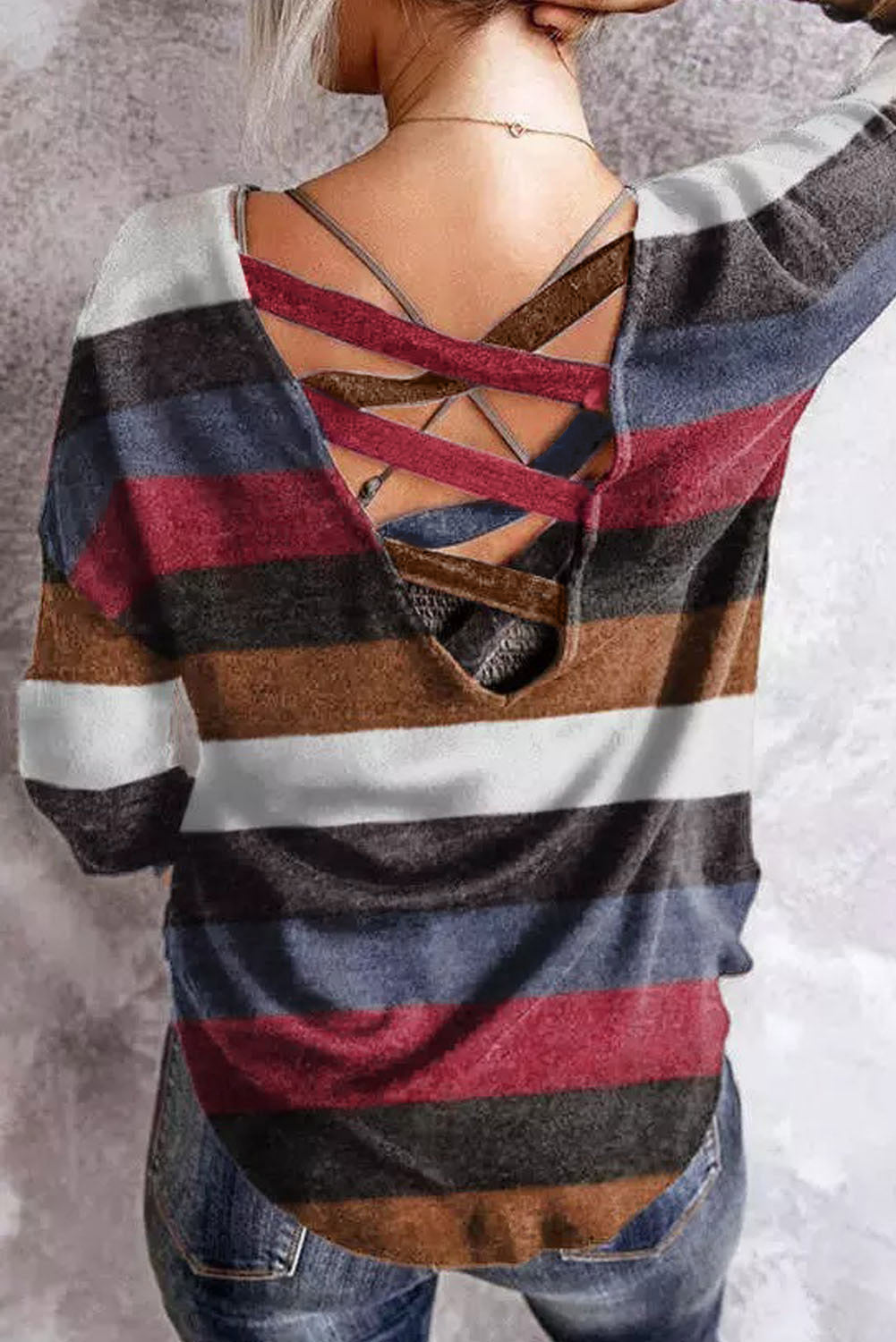 Striped Crisscross Back Long Sleeve Top Stripe 95%Polyester+5%Elastane Long Sleeve Tops JT's Designer Fashion