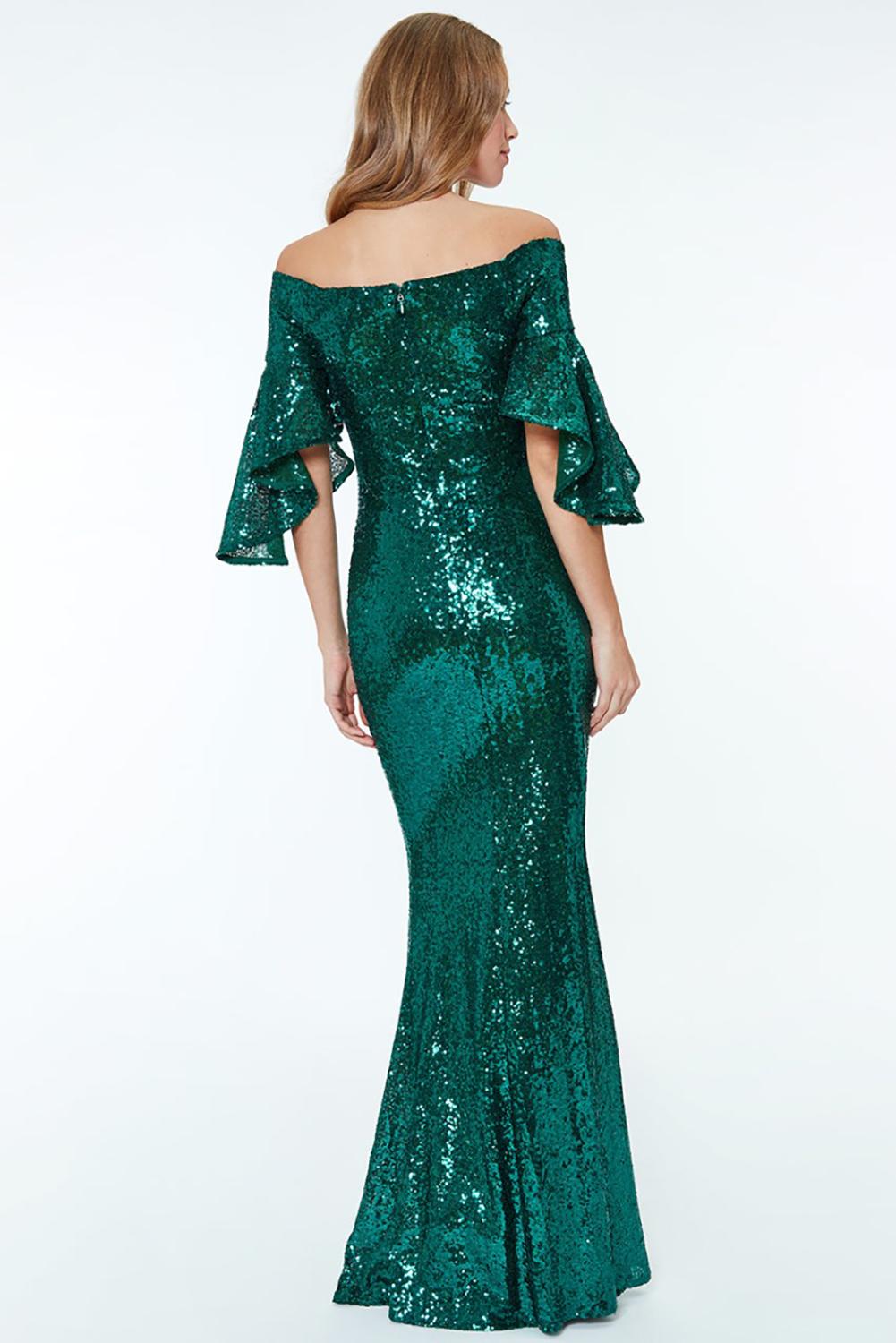 Green Off The Shoulder Sequined Maxi Dress Sequin Dresses JT's Designer Fashion