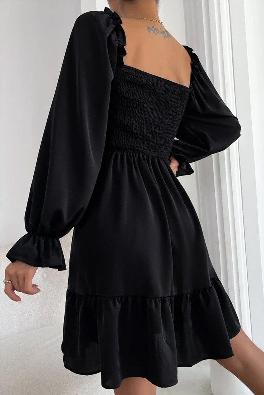 Black Smocked Puff Sleeve Ruffle Mini Dress Dresses JT's Designer Fashion