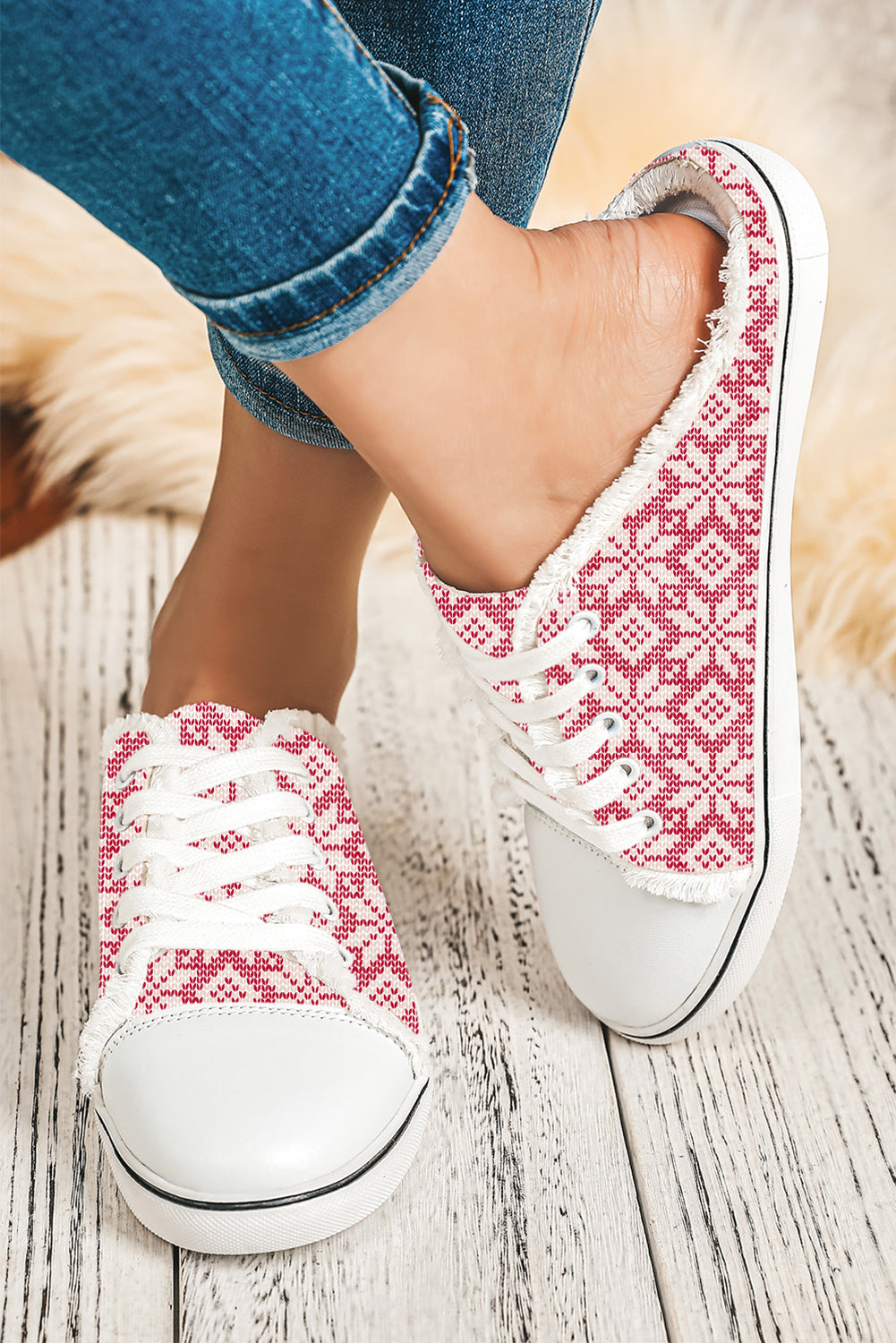 Strawberry Pink Snowflake Printed Frayed Lace-up Slip-on Shoes Women's Shoes JT's Designer Fashion