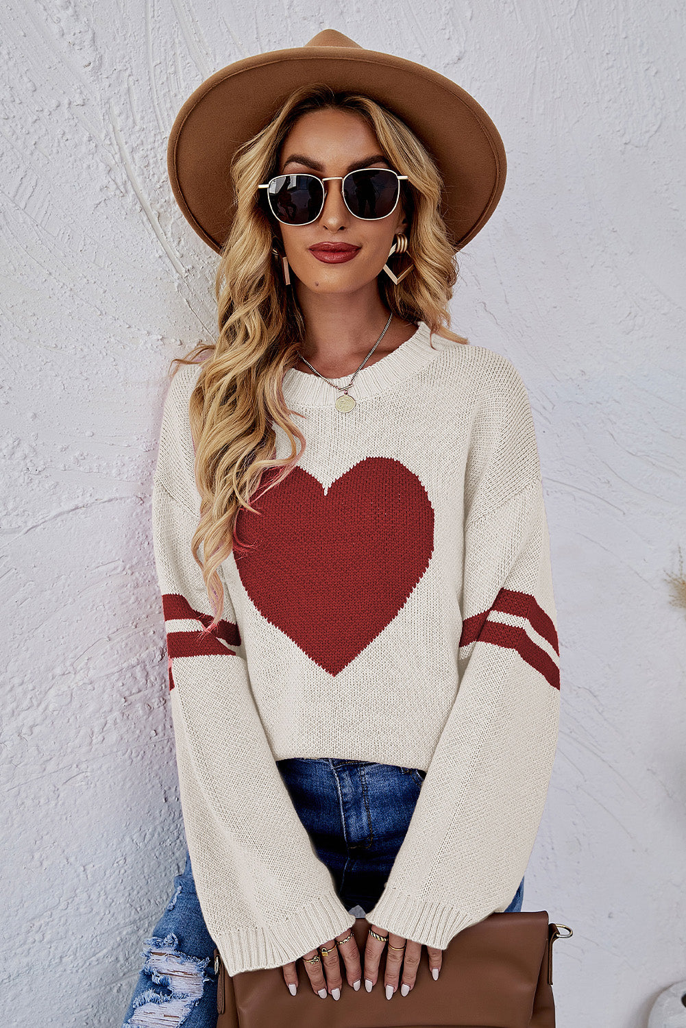 Beige Heart Graphic Wide Sleeves Sweater Sweatshirts & Hoodies JT's Designer Fashion