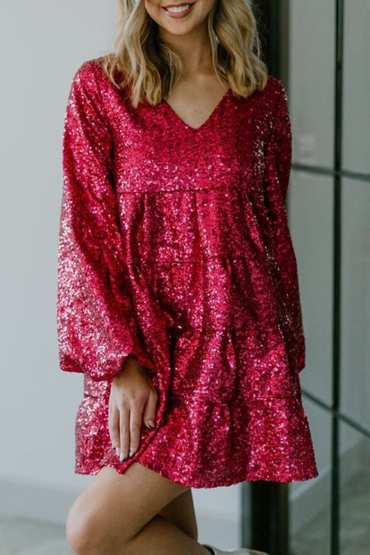 Red Balloon Sleeve V Neck Sequin Mini Dress Dresses JT's Designer Fashion