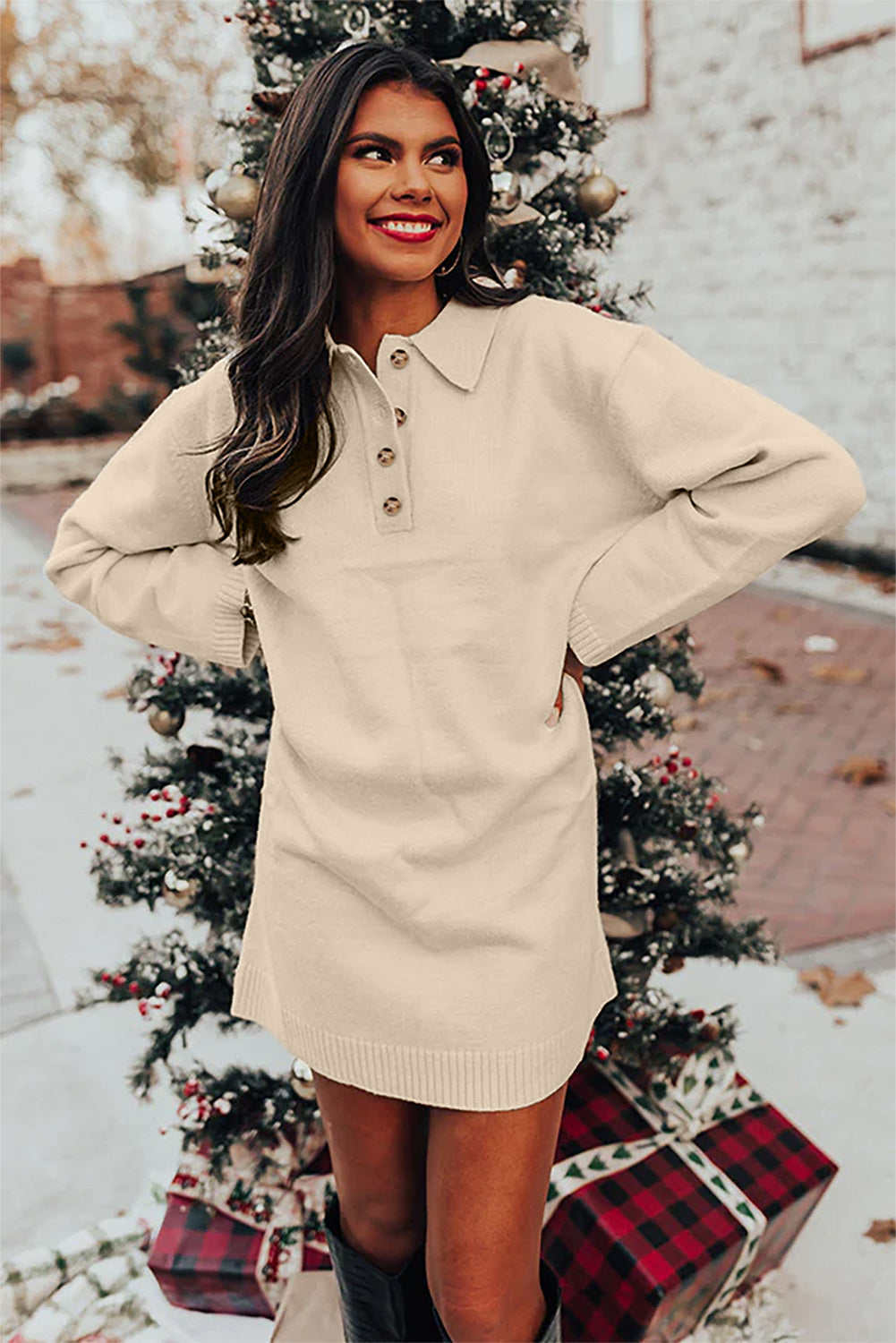 Apricot Polo Collar Knitted Mini Sweater Shift Dress Dresses JT's Designer Fashion