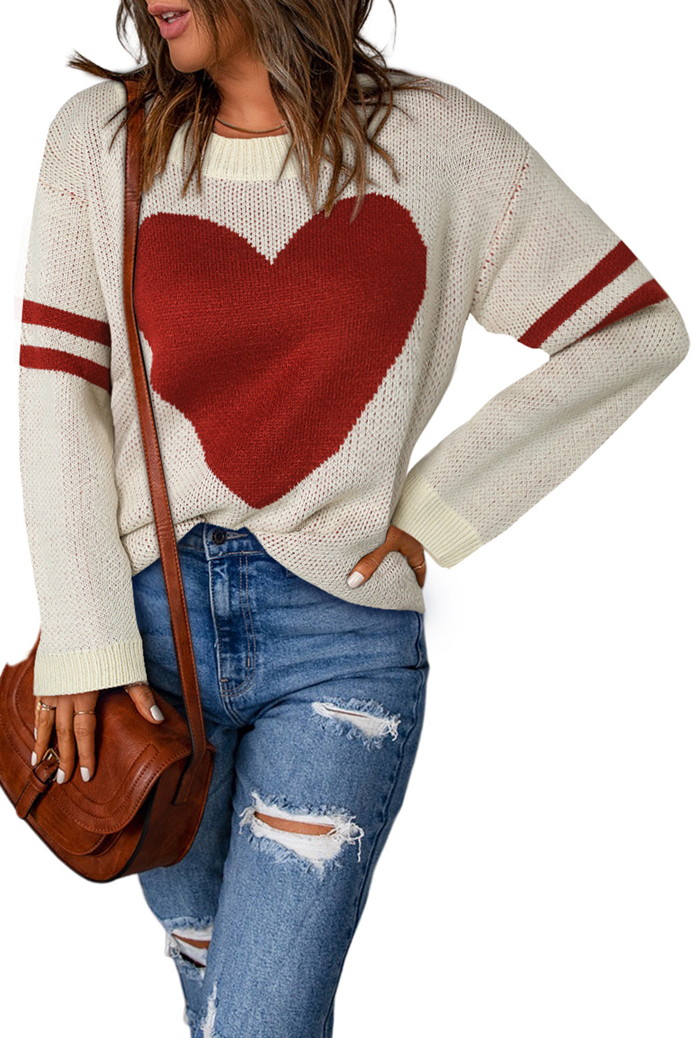 Beige Heart Graphic Wide Sleeves Sweater Sweatshirts & Hoodies JT's Designer Fashion