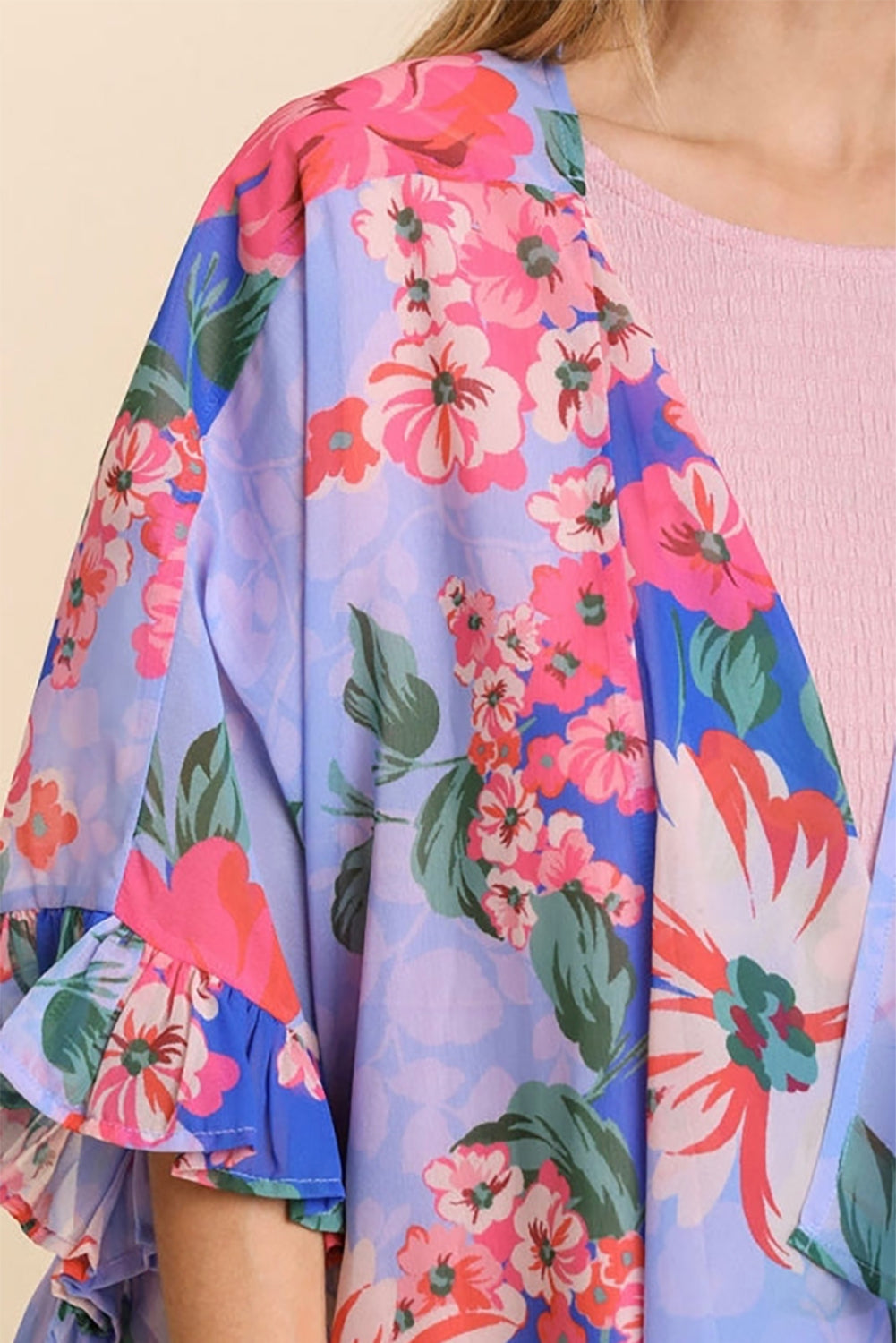 Sky Blue Floral Print Ruffled 3/4 Sleeve Loose Fit Kimono Kimonos JT's Designer Fashion