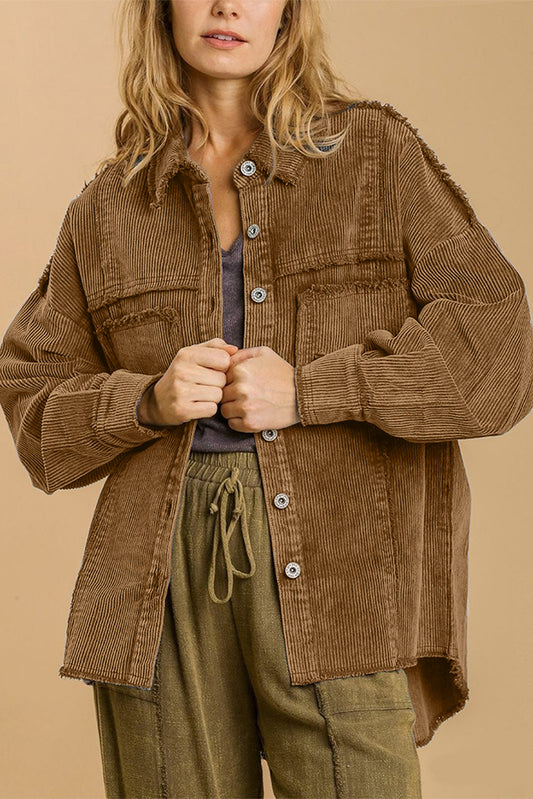 Brown VIntage Inspired Raw Edge Corduroy Shacket Outerwear JT's Designer Fashion