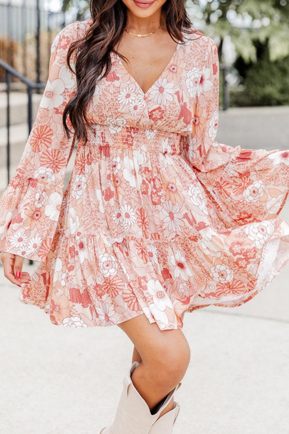 Apricot Powder Floral Smocked High Waist Bell Sleeve Mini Dress Dresses JT's Designer Fashion