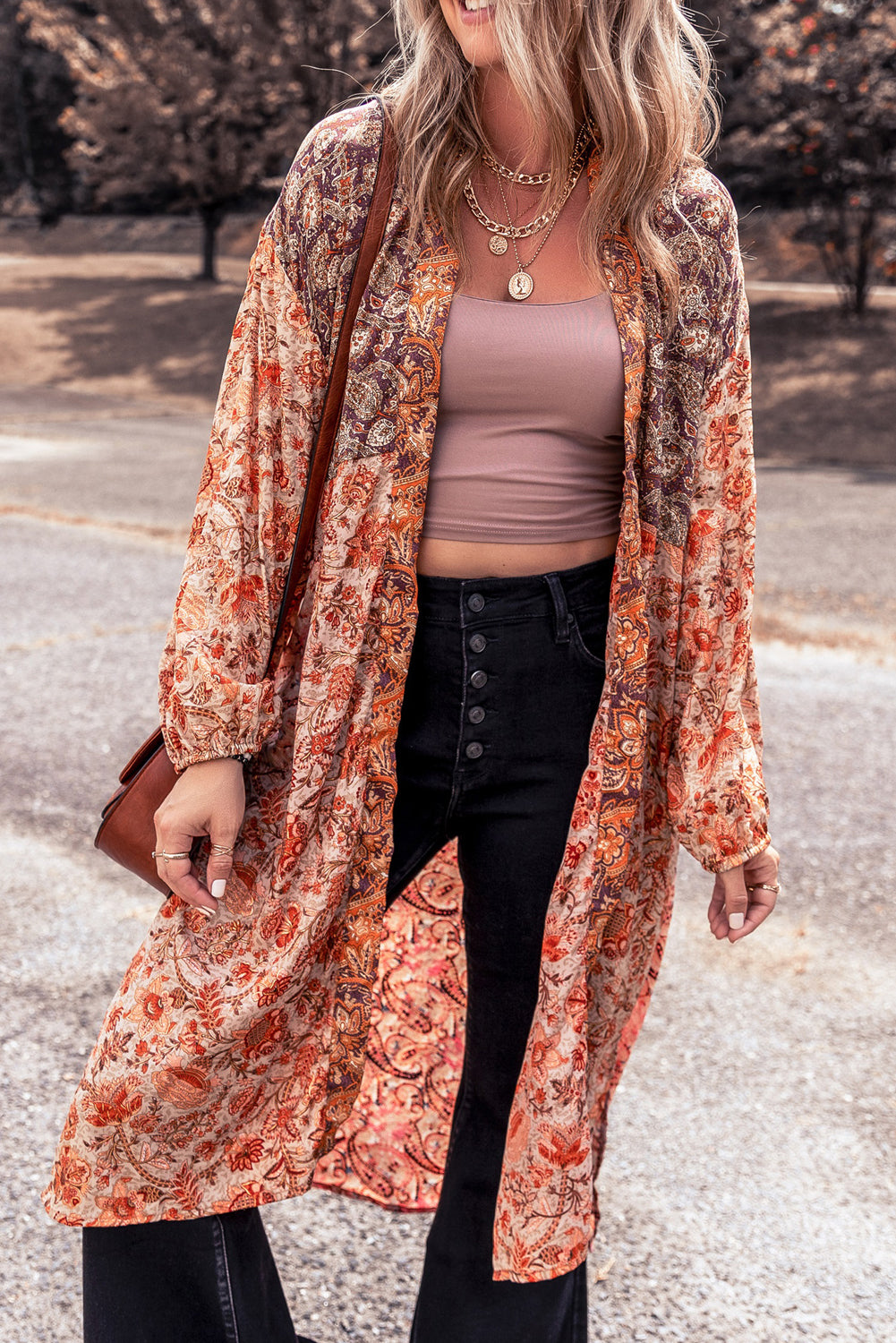 Gold Flame Bubble Sleeve Floral Print Open Front Top Outerwear JT's Designer Fashion