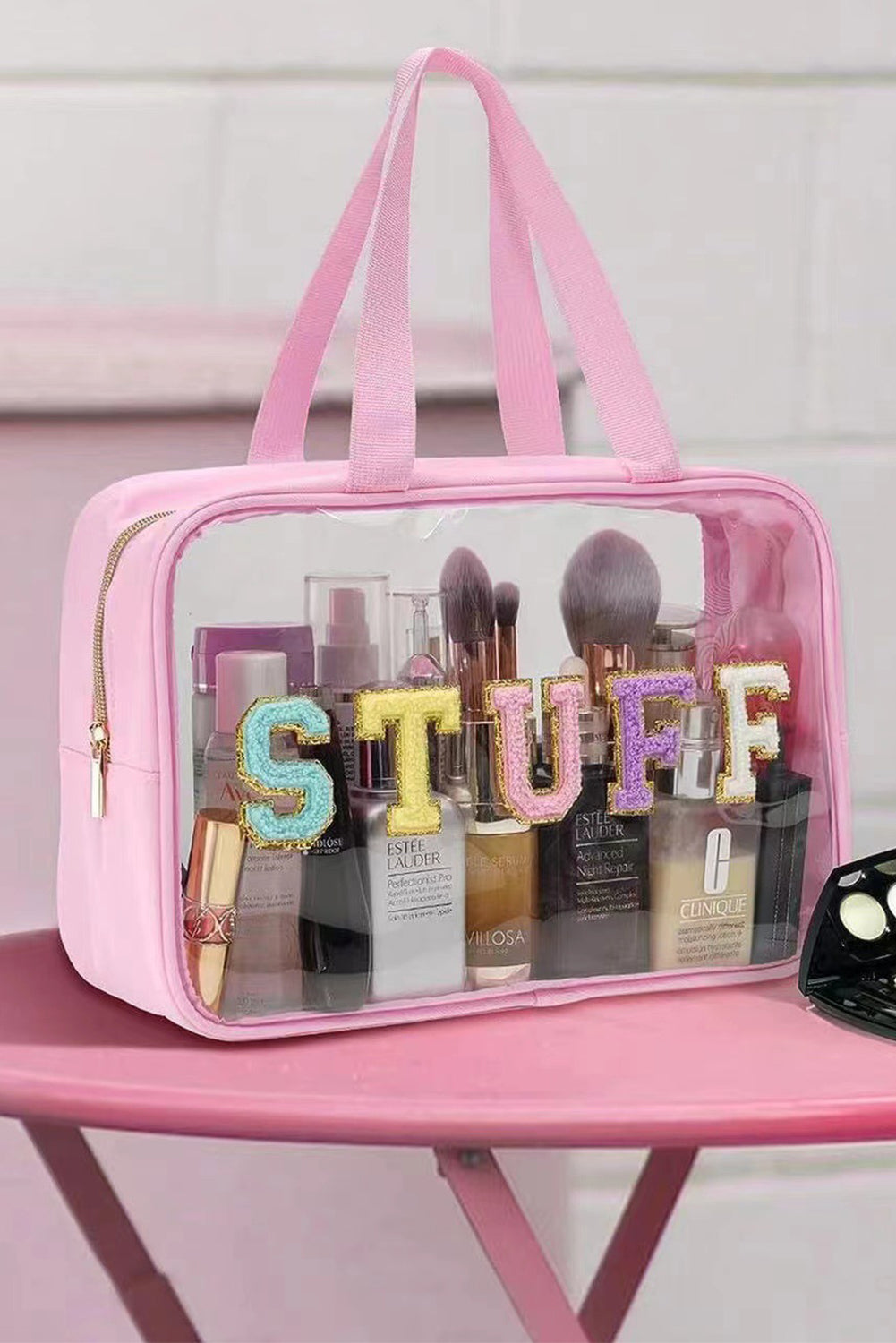 Pink STUFF Glitter Chenille Patched Transparent Makeup Bag Other Accessories JT's Designer Fashion