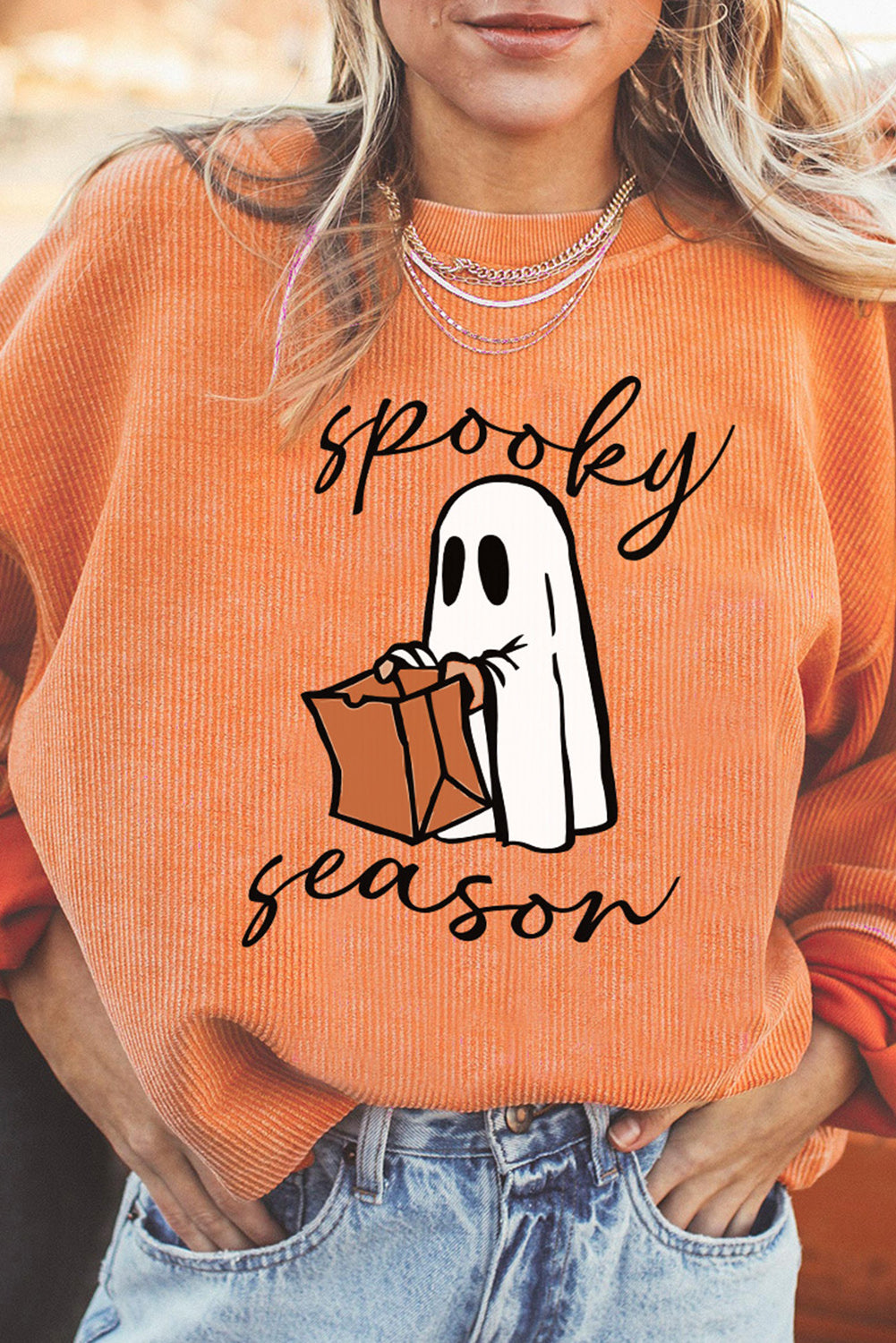 Orange Spooky Season Ghost Print Ribbed Pullover Sweatshirt Orange-3 100%Polyester Graphic Sweatshirts JT's Designer Fashion