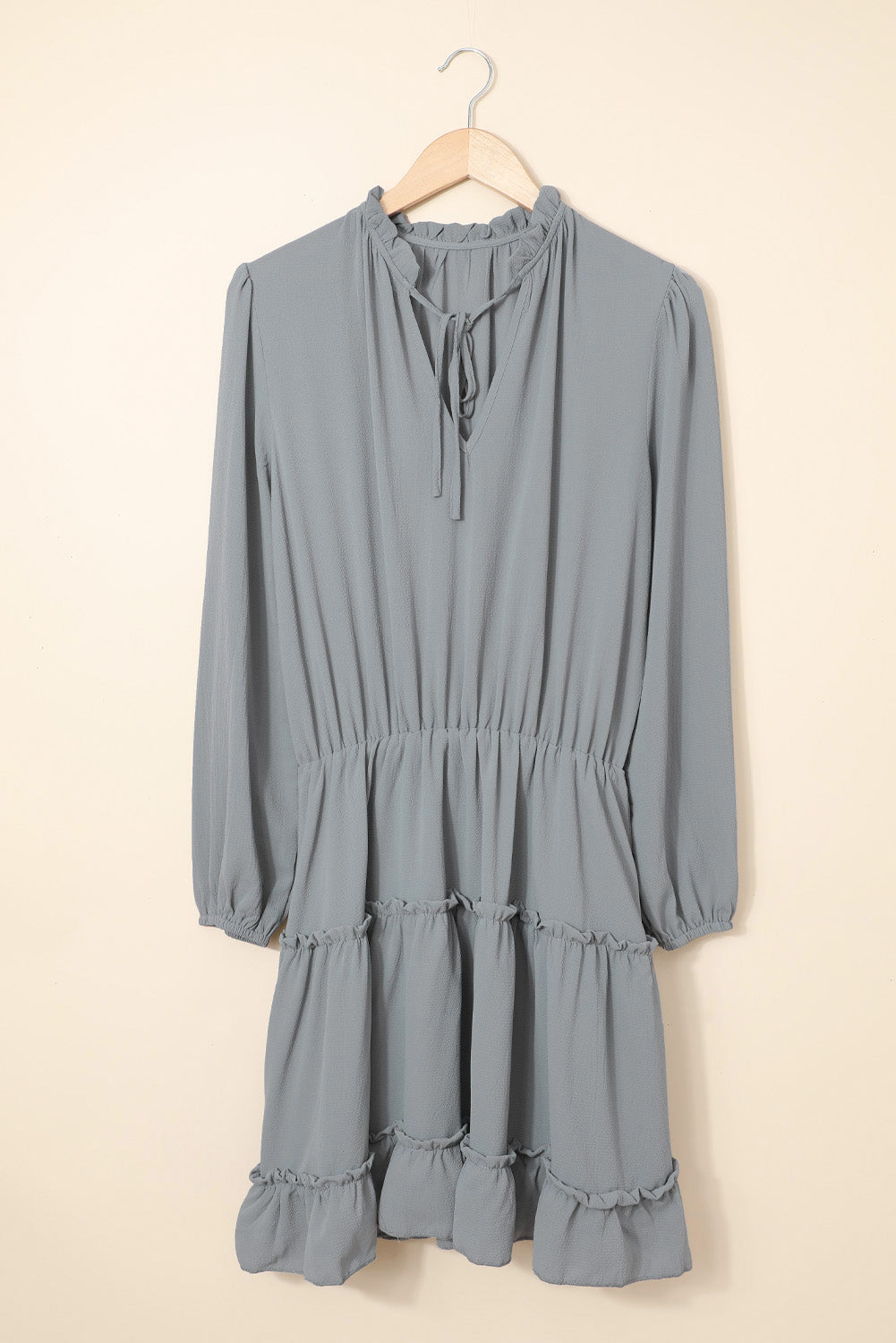 Gray V Neck Long Sleeve Ruffle Tiered Mini Dress Mini Dresses JT's Designer Fashion