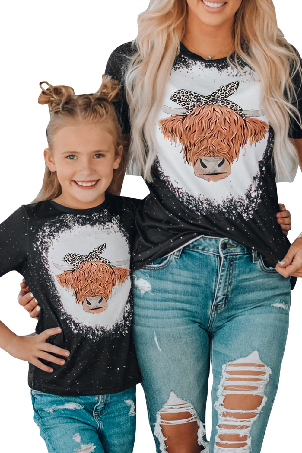 Black Family Matching Cow Head Graphic Print Color Block Adult Top Family T-shirts JT's Designer Fashion