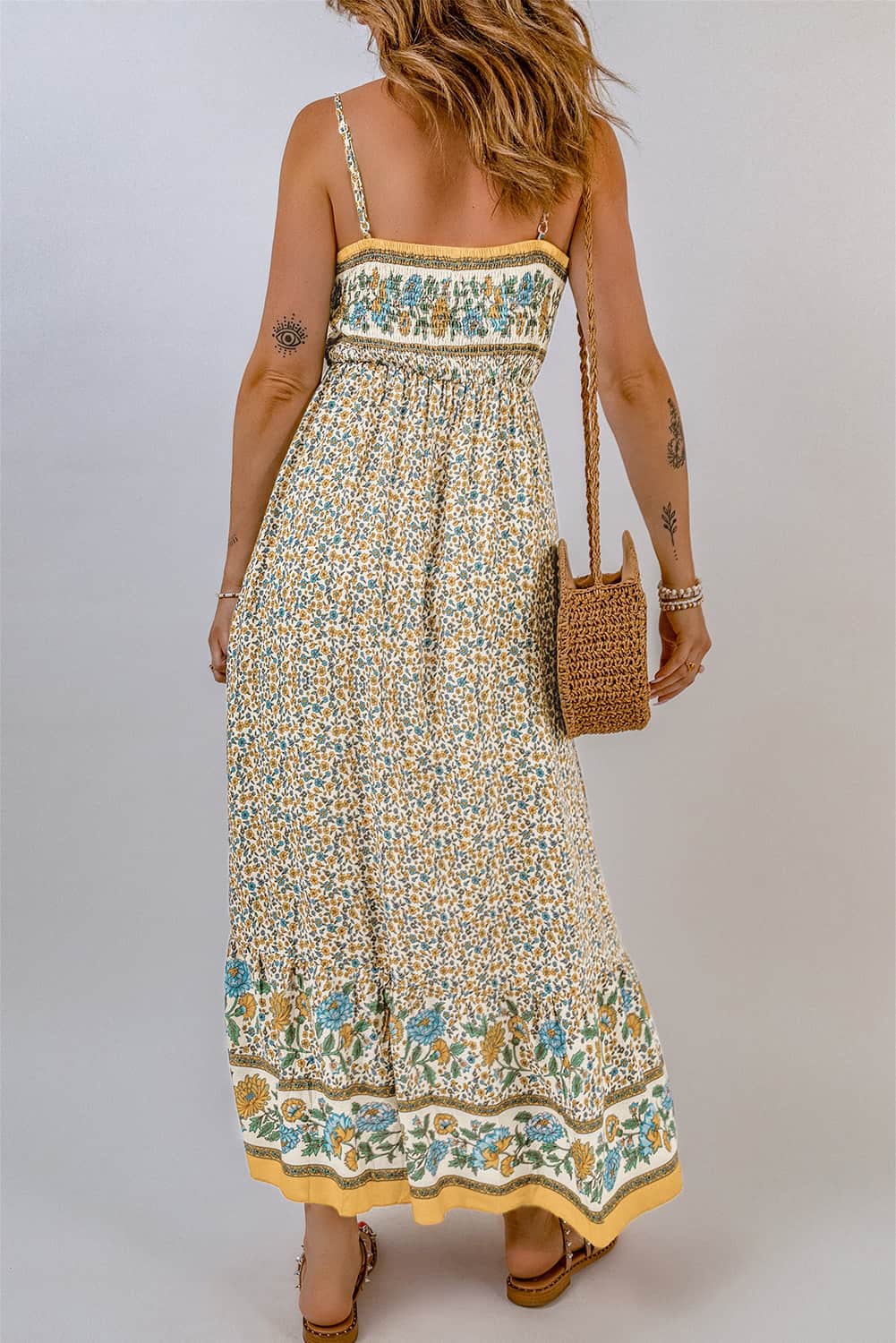 Apricot Floral Print Smocked Back Sleeveless Maxi Dress Maxi Dresses JT's Designer Fashion