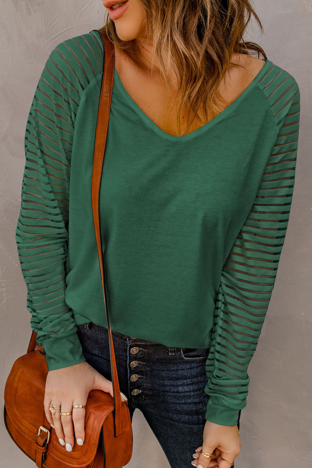 Green Sheer Stripe V-Neck Top Green 95%Polyester+5%Spandex Long Sleeve Tops JT's Designer Fashion
