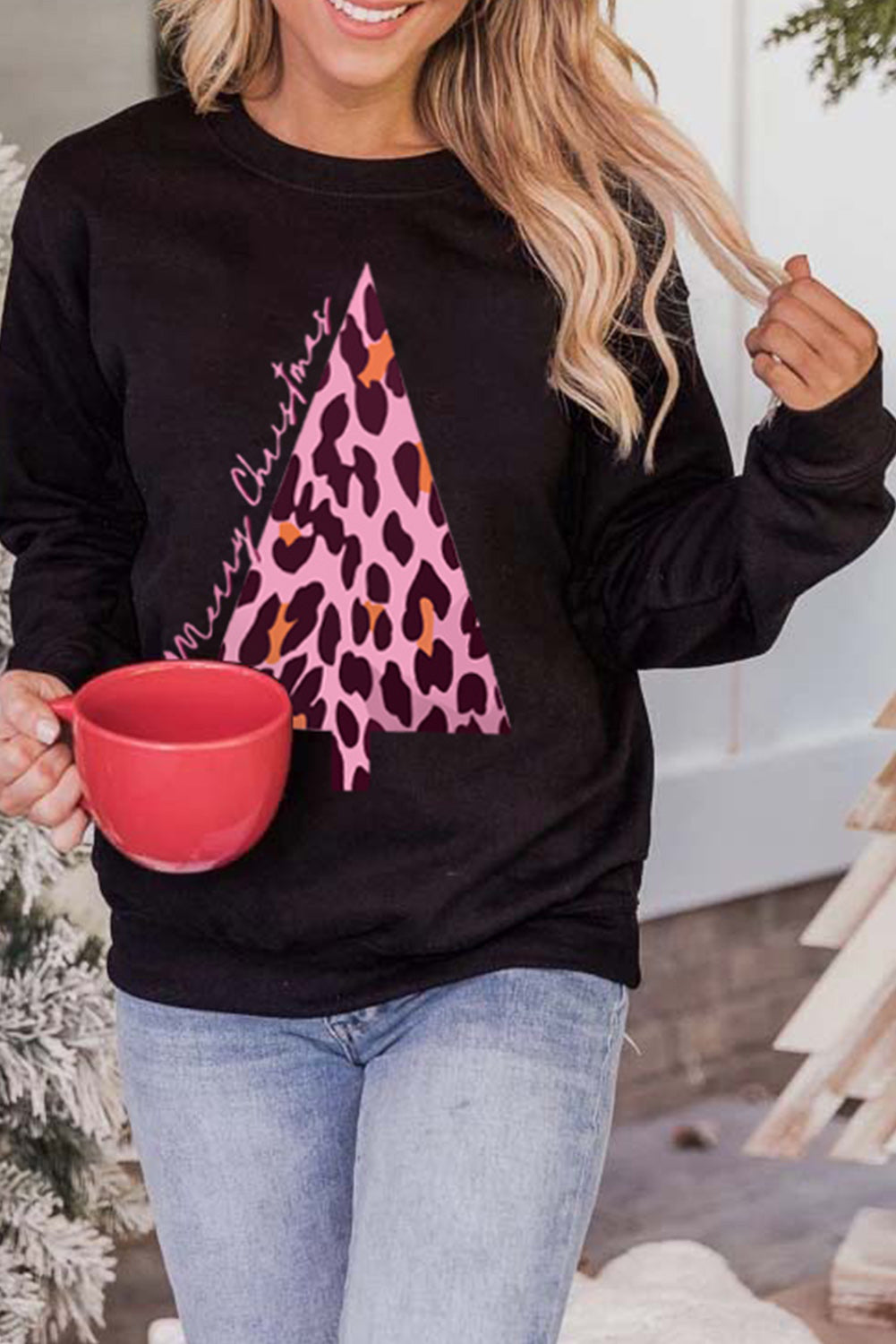 Black Leopard Christmas Tree Print Pullover Sweatshirt Black 70%Polyester+30%Cotton Graphic Sweatshirts JT's Designer Fashion