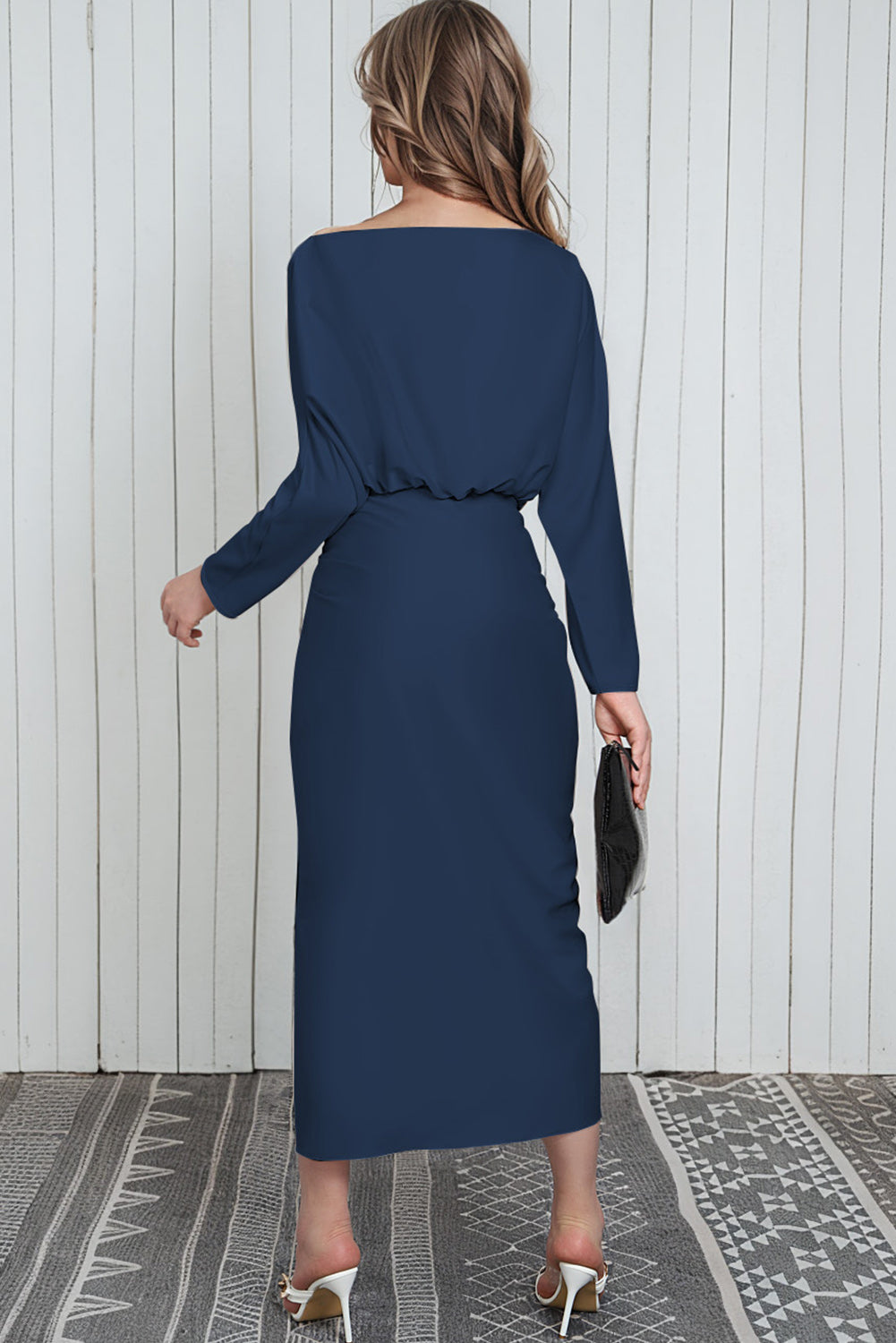 Blue Satin Wrap Tie Side Boat Neck Long Sleeve Dress Evening Dresses JT's Designer Fashion