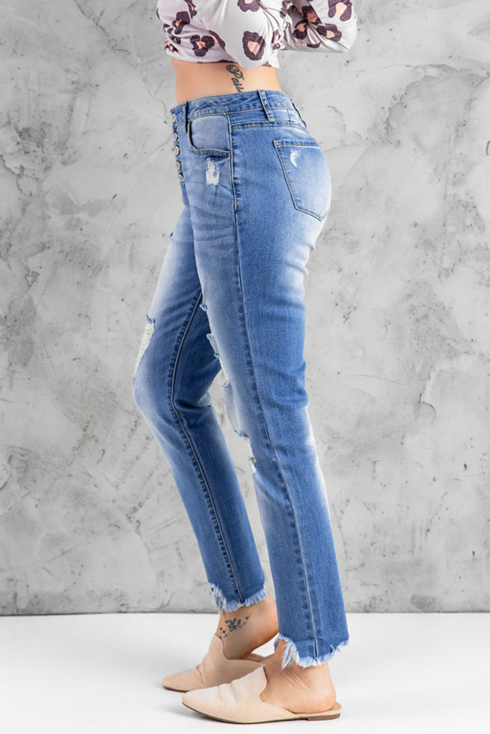 Sky Blue High Rise Button Front Frayed Ankle Skinny Jeans Jeans JT's Designer Fashion