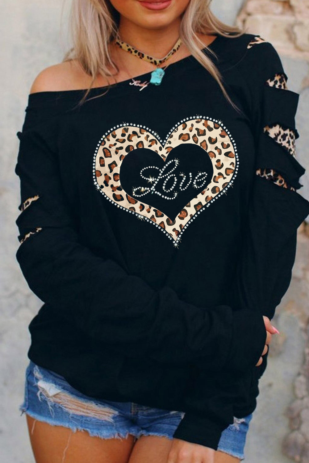 Black Leopard Rhinestone Heart Graphic Slash Sleeve Sweatshirt Black 95%Polyester+5%Spandex Graphic Sweatshirts JT's Designer Fashion