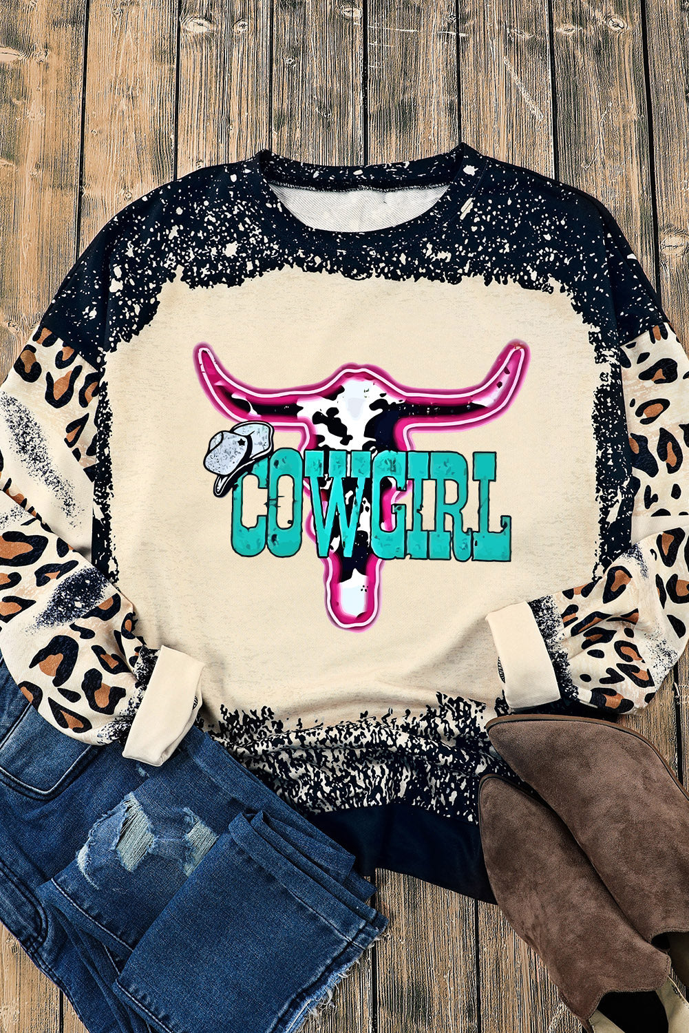 Black COWGIRL Western Graphic Leopard Tie Dye Sweatshirt Graphic Sweatshirts JT's Designer Fashion