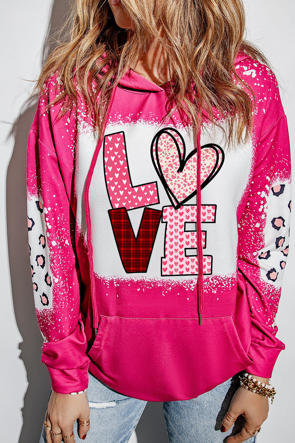 Rose LOVE Leopard Bleached Kangaroo Pocket Hoodie Rose 95%Polyester+5%Elastane Graphic Sweatshirts JT's Designer Fashion