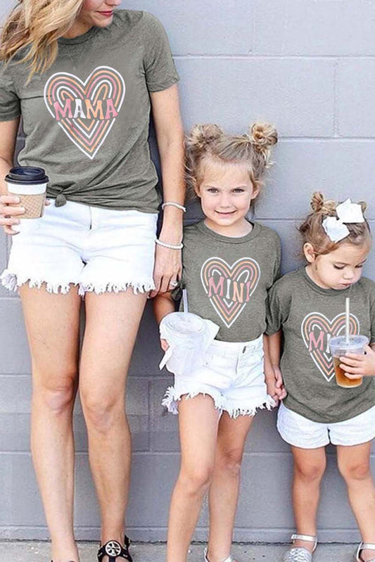 Daughter Mom Matching Mama Concenteric Heart Print Tee Gray 95%Cotton+5%Elastane Family T-shirts JT's Designer Fashion