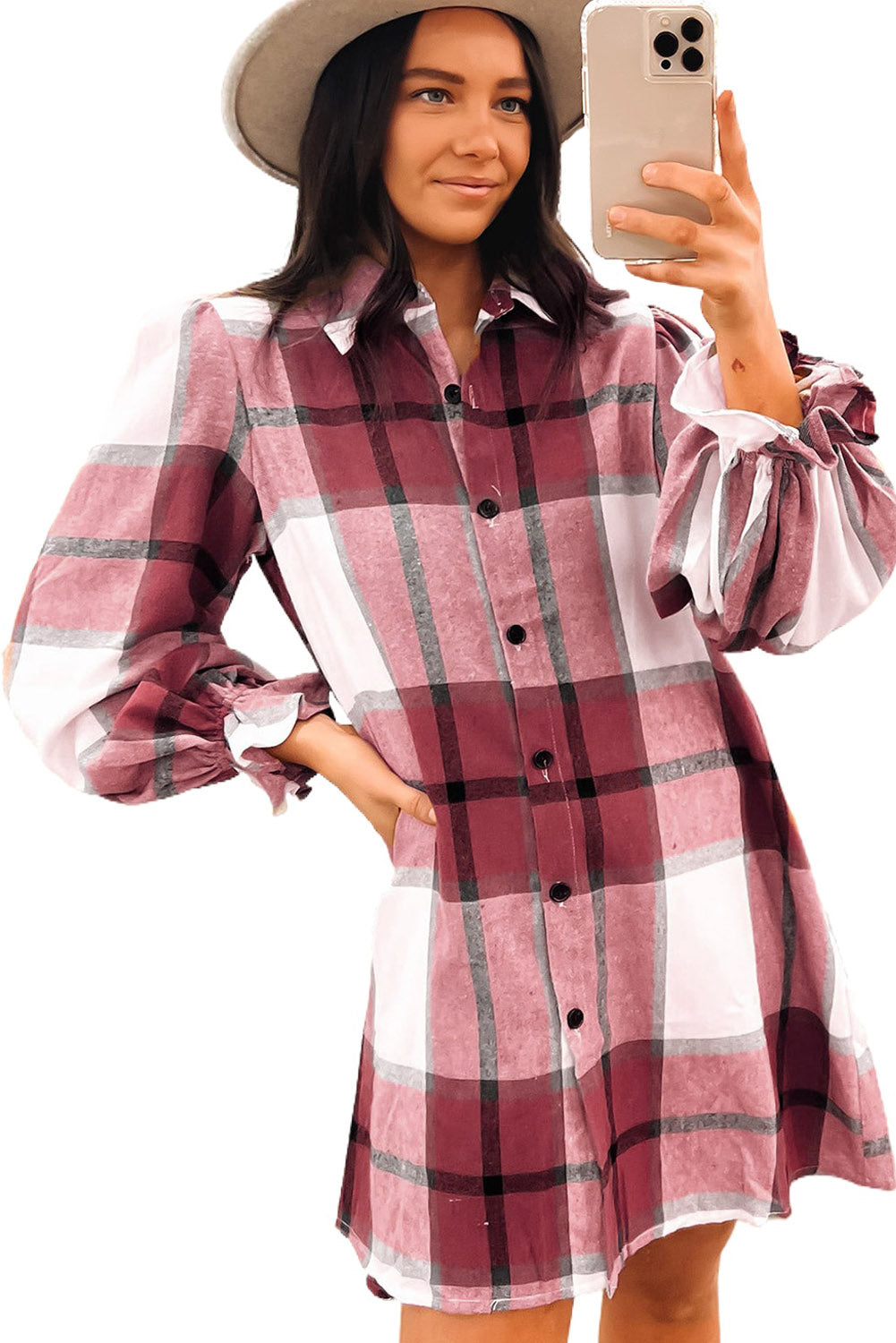 Brown Plaid Pattern Collared Neck Ruffled Sleeve Shirt Dress Dresses JT's Designer Fashion