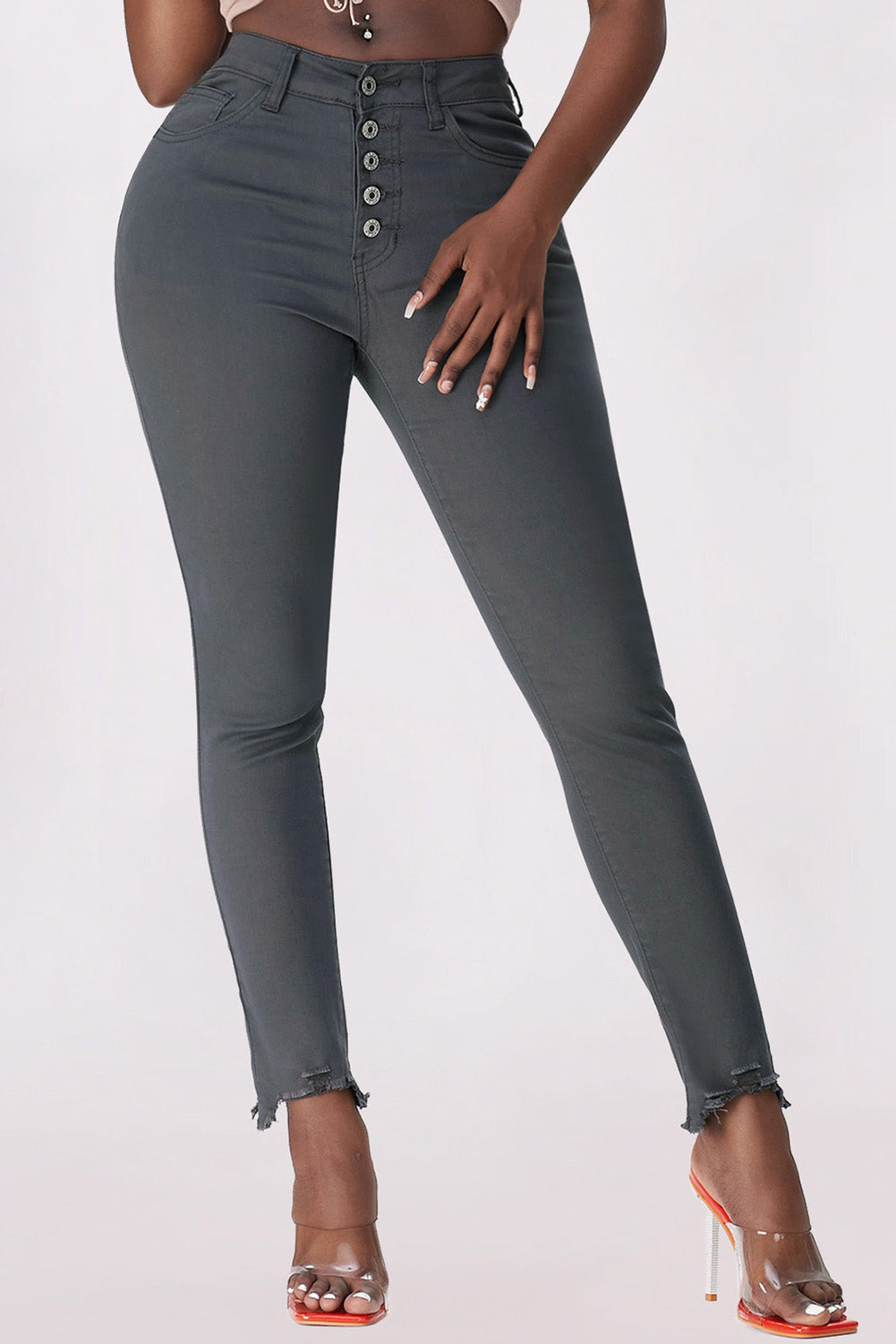 Gray Plain High Waist Buttons Frayed Cropped Denim Jeans Gray 98%Cotton+2%Elastane Jeans JT's Designer Fashion