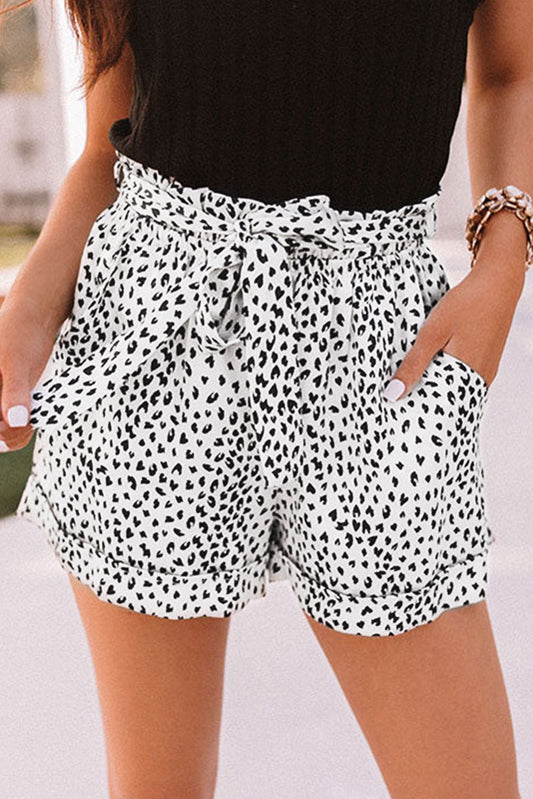 White Leopard Print Pocket Drawstring Ruffled High Waist Shorts Casual Shorts JT's Designer Fashion