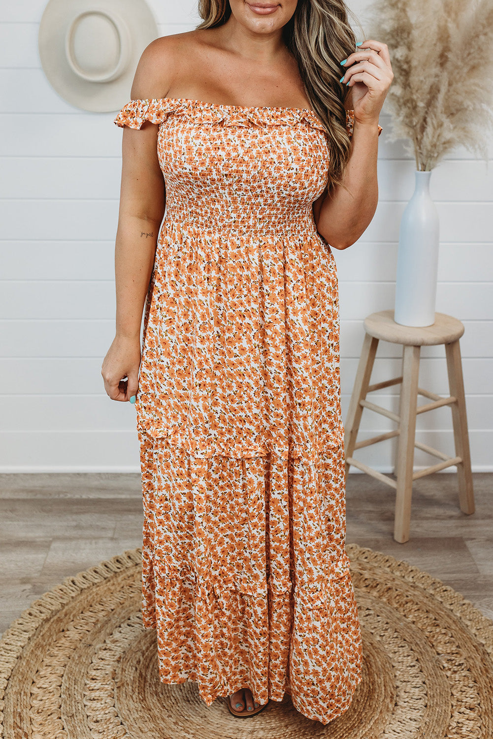Orange Plus Size Floral Ruffle Maxi Dress Orange 100%Polyester Plus Size Dresses JT's Designer Fashion