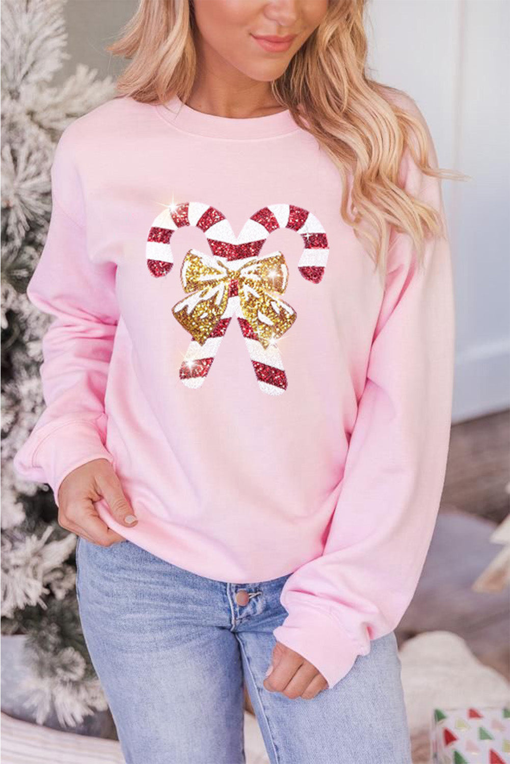 Pink Christmas Cane Bow Knot Sequin Graphic Sweatshirt Graphic Sweatshirts JT's Designer Fashion