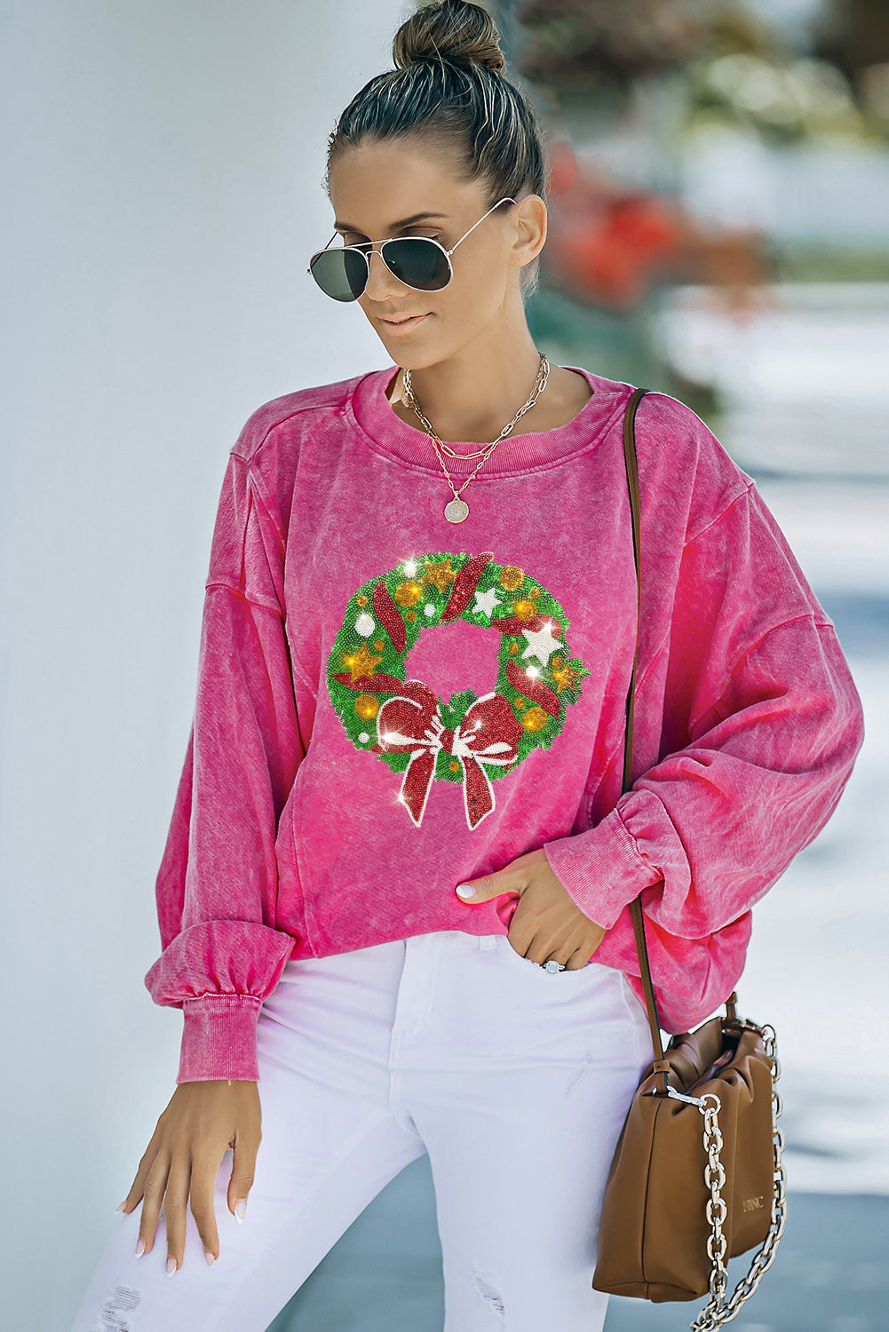 Rose Christmas Wreath Print Mineral Wash Crewneck Sweatshirt Graphic Sweatshirts JT's Designer Fashion