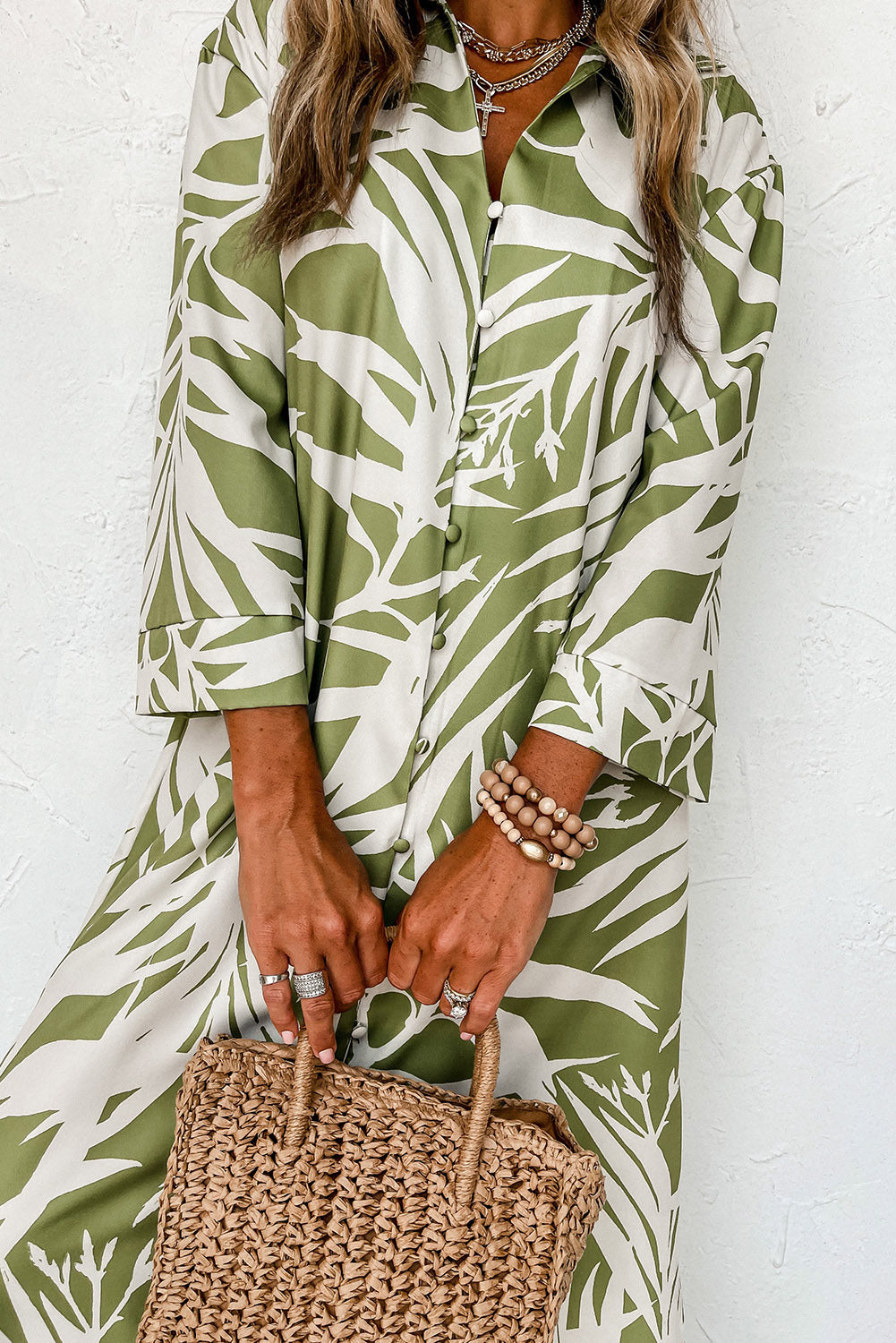 Green Botanical Print Button Down Split Dress Dresses JT's Designer Fashion