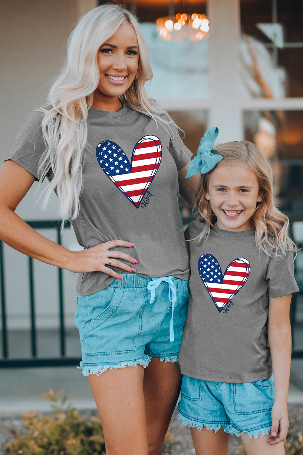 Gray Family Matching American Flag Heart Print Short Sleeve T Shirt Family T-shirts JT's Designer Fashion