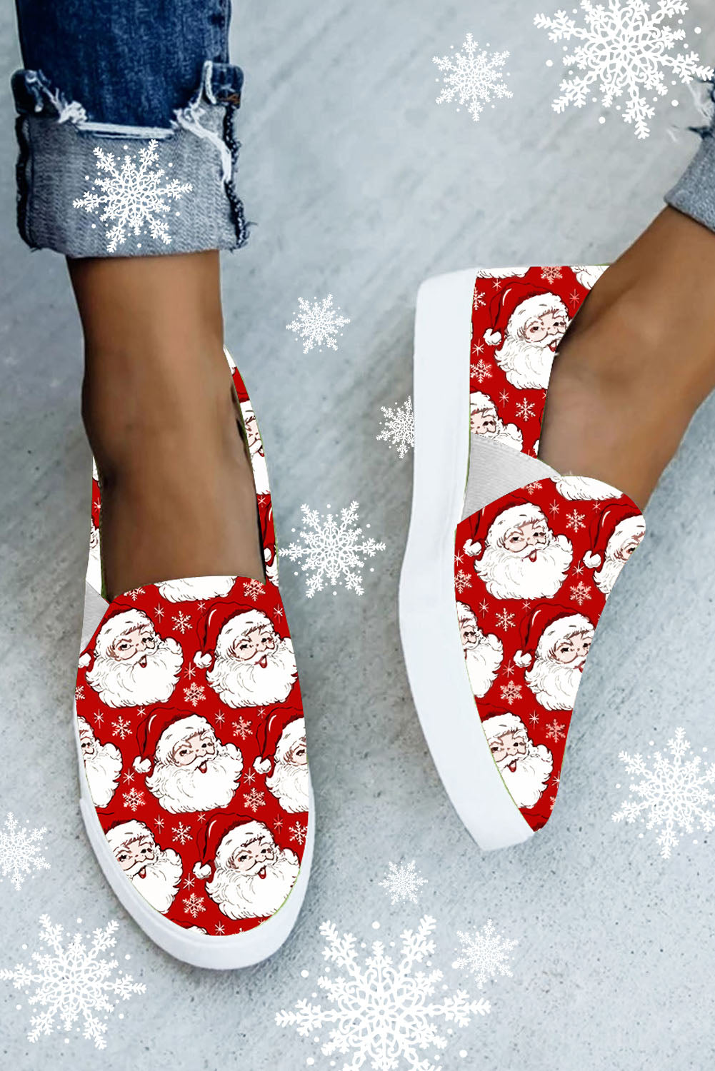 Red Santa Claus Print Slip-on Canvas Flats Women's Shoes JT's Designer Fashion