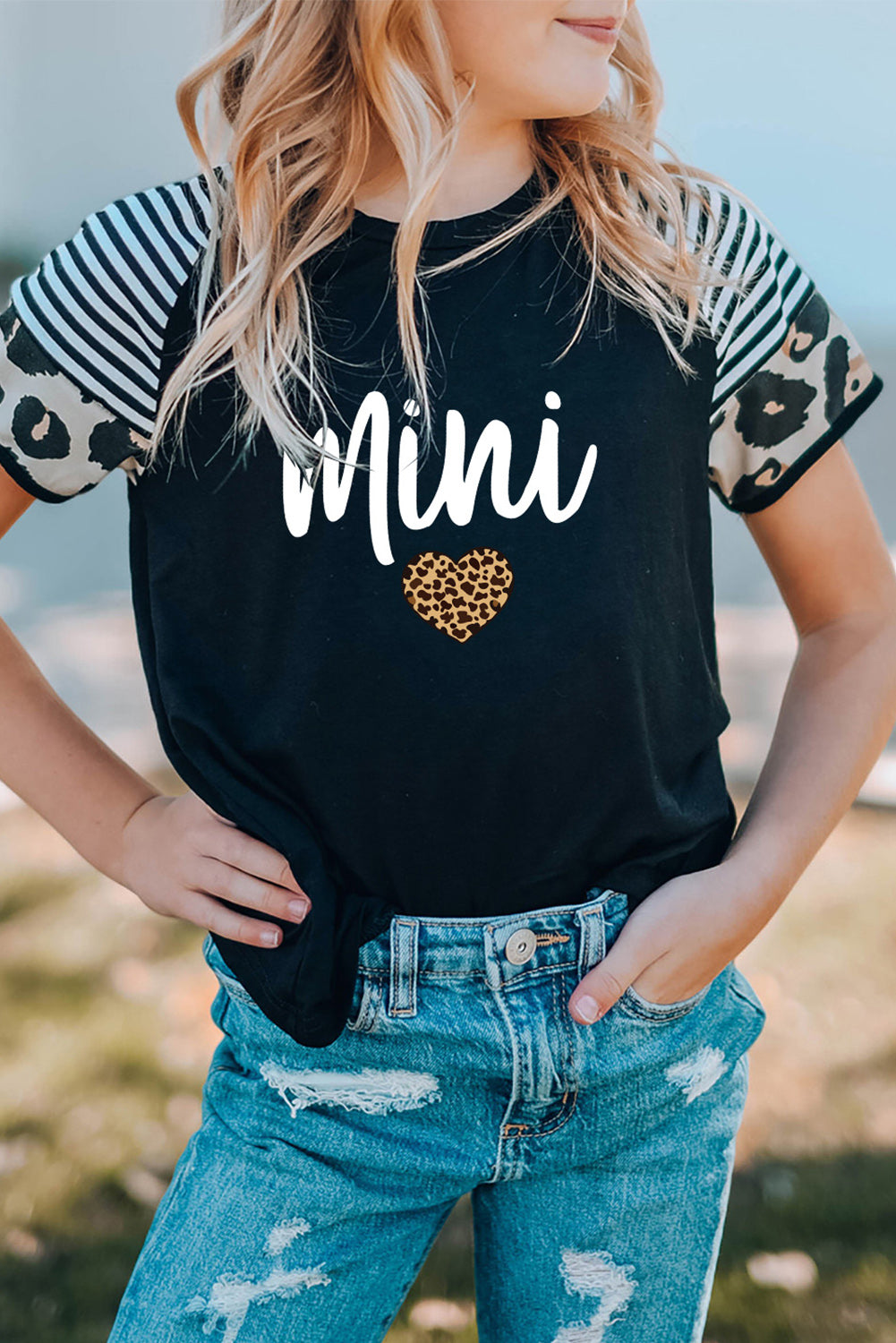 Black Mini Leopard Heat Spliced Short Sleeve Tee for Girl Family T-shirts JT's Designer Fashion