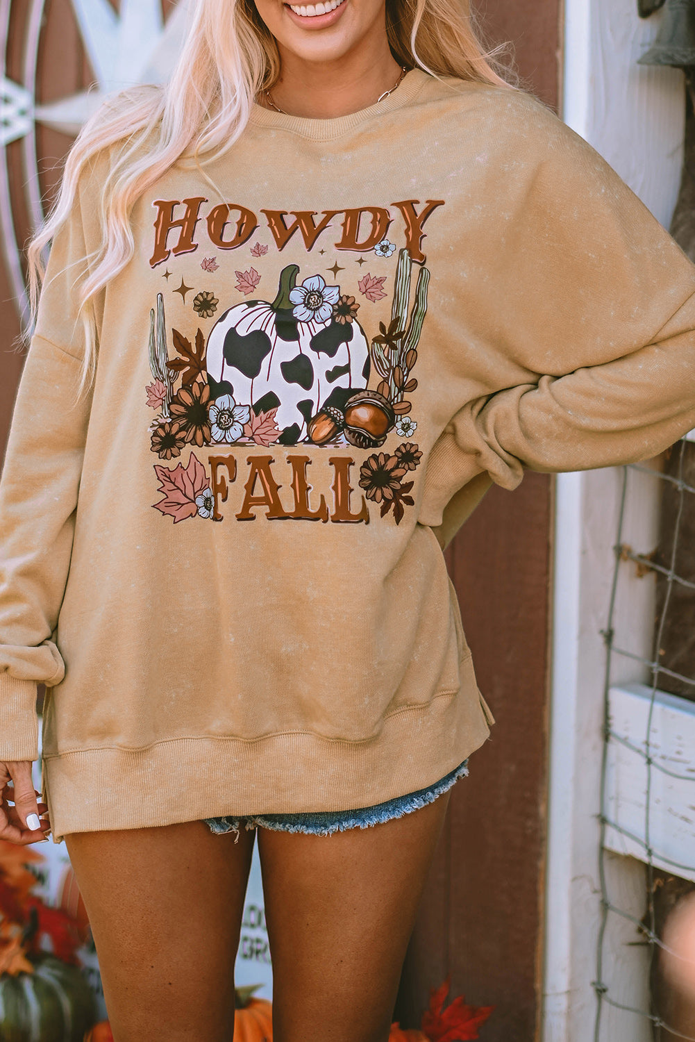 Khaki HOWDY FALL Pumpkin Print Split Hem Sweatshirt Graphic Sweatshirts JT's Designer Fashion