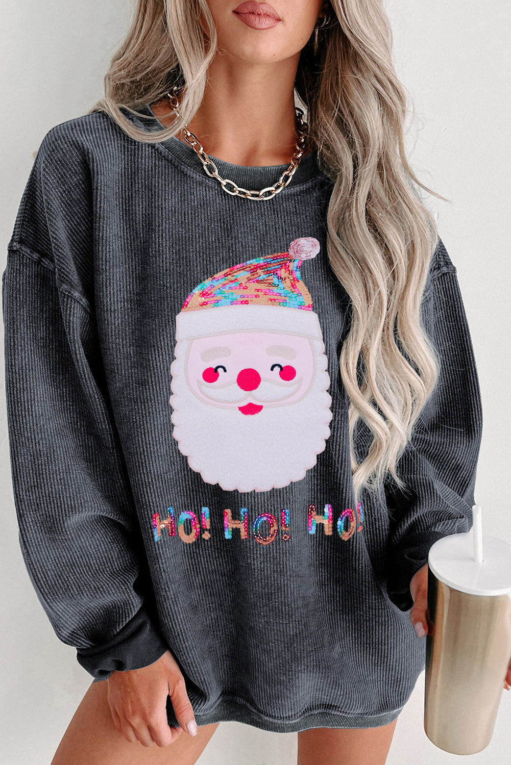 Gray Sequin HO HO HO Santa Claus Graphic Corded Sweatshirt Gray 100%Polyester Graphic Sweatshirts JT's Designer Fashion
