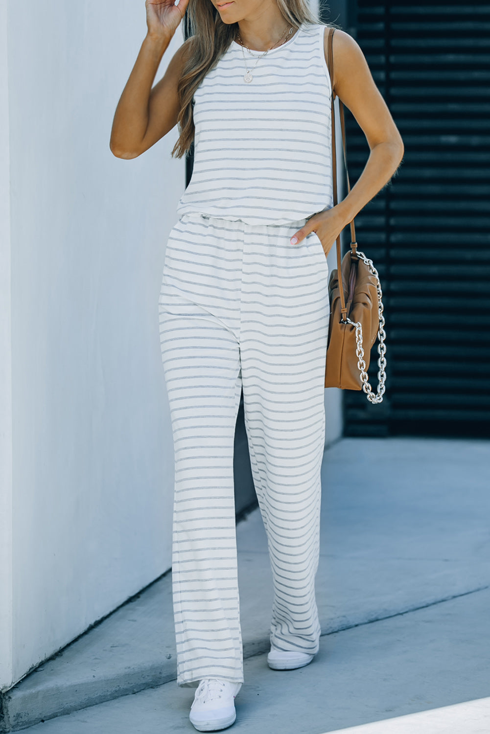 White Striped Print Pocketed Sleeveless Jumpsuit White 95%Polyester+5%Elastane Jumpsuits & Rompers JT's Designer Fashion