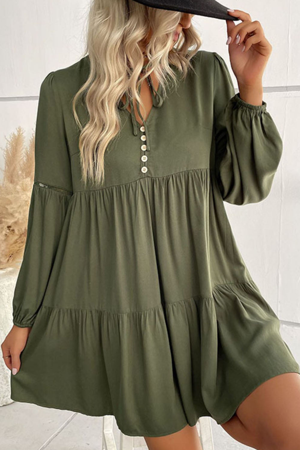 Green Lace Puff Sleeve Buttoned Tiered Ruffled Mini Dress Dresses JT's Designer Fashion