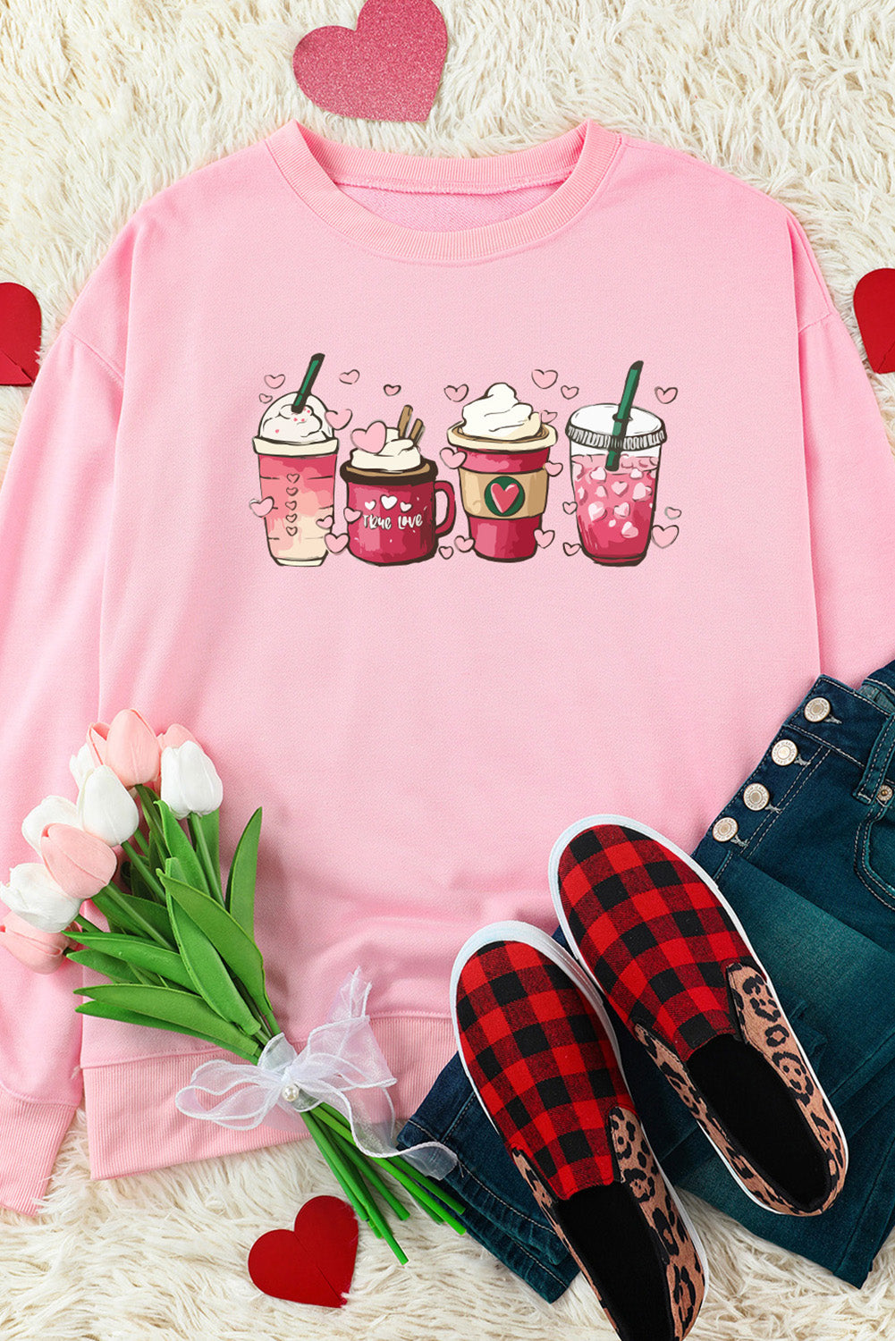 Pink Valentines Sweet Drinking Graphic Print Sweatshirt Graphic Sweatshirts JT's Designer Fashion