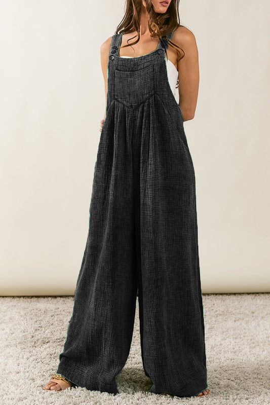 Black Textured Wide Leg Overalls Black 100%Cotton Jumpsuits & Rompers JT's Designer Fashion