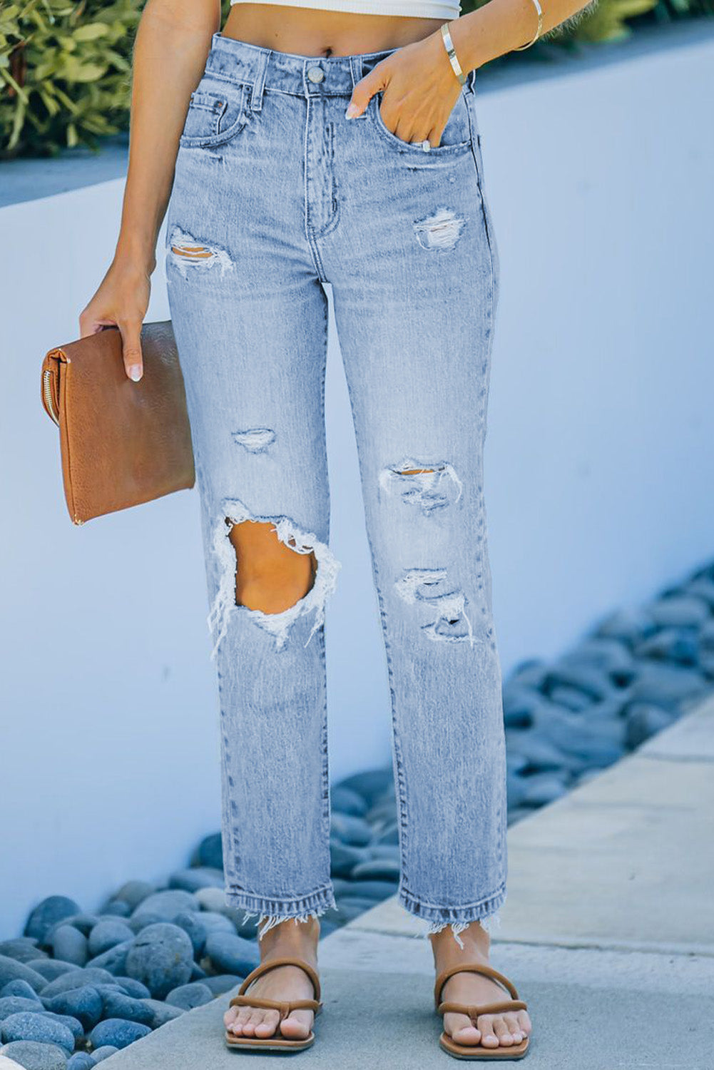 Light Blue Distressed Holes Straight Jeans Jeans JT's Designer Fashion