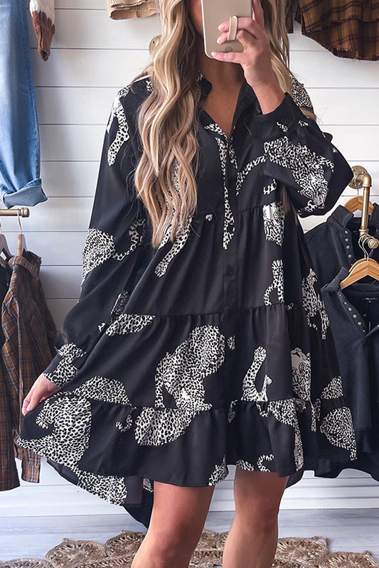 Black Leopard Print Button-up Long Sleeve Shirt Mini Dress Dresses JT's Designer Fashion