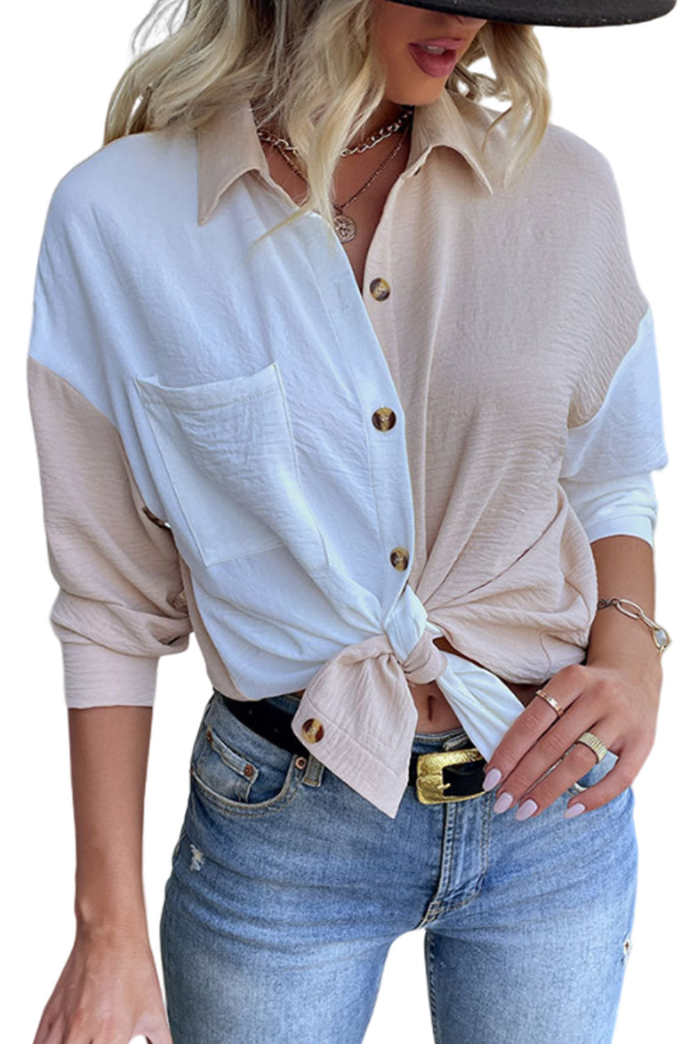 Apricot Color Block Long Sleeve Crinkle Shirt Blouses & Shirts JT's Designer Fashion
