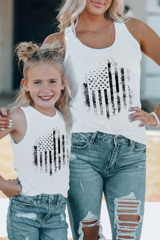 White Daughter and Me American Flag Printed Graphic Tank Top White 95%Cotton+5%Spandex Family T-shirts JT's Designer Fashion