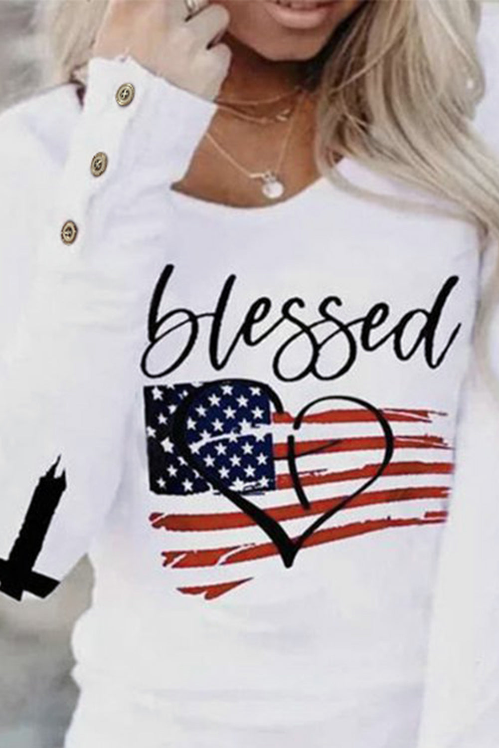 White Blessed American Flag Buttoned Long Sleeve T Shirt Long Sleeve Tops JT's Designer Fashion