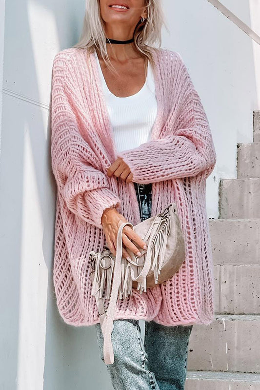 Pink Open Knit Long Sleeve Oversized Cardigan Outerwear JT's Designer Fashion
